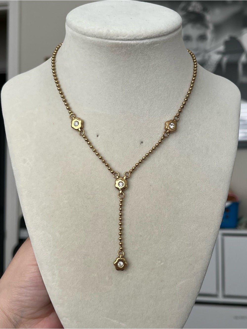 Gold Tone Dot Daisy Station Chain Y Drop Necklace 16-18”